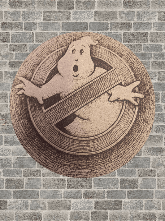 Ghostbusters Logo Plaque - Wooden Art featuring laser-engraved MDF design mounted on a brick wall. Ideal for home decor and movie memorabilia.
