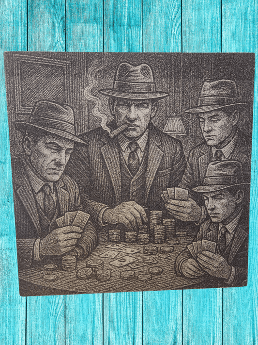 Mafia Style Engraved Wooden Art – 300 x 300mm vintage gangster scene with four mobsters playing poker, laser-etched on rustic wood panel.