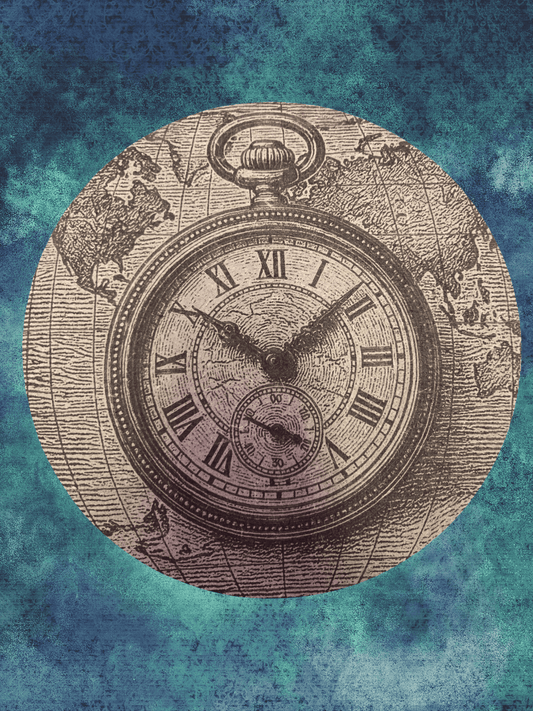 Pocket Watch & World Map - Engraved Art on 300mm MDF wood plaque, featuring intricate laser etching ideal for vintage home decor lovers.