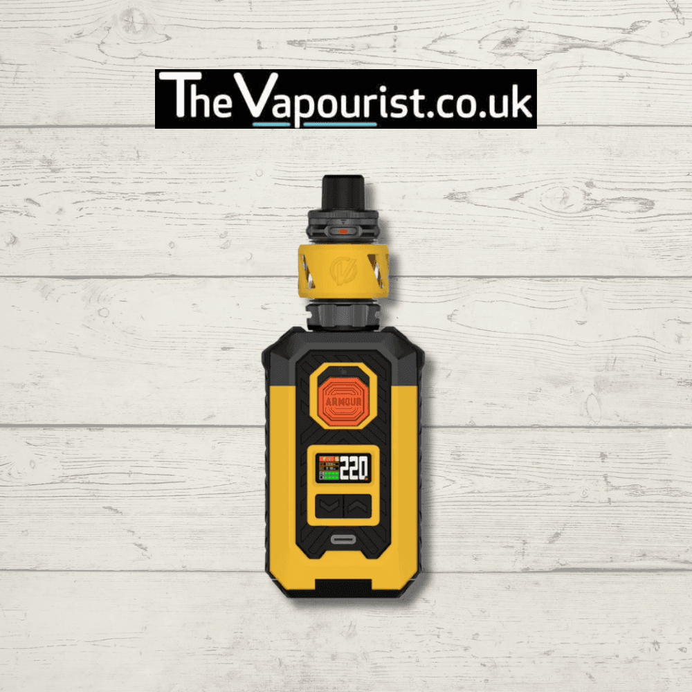 Yellow Vaporesso Armour Max Kit with bold design, dual battery support, and GTi coil compatibility, featured on TheVapourist.co.uk.